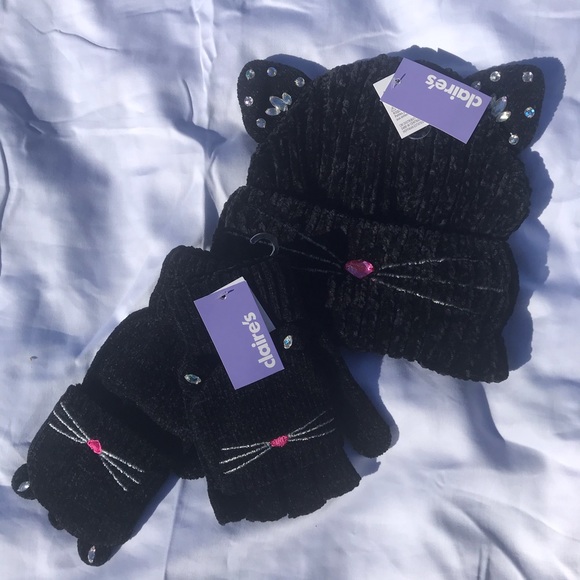 Soft Chenille Black Cat Beanie and Mittens Set - Picture 1 of 7